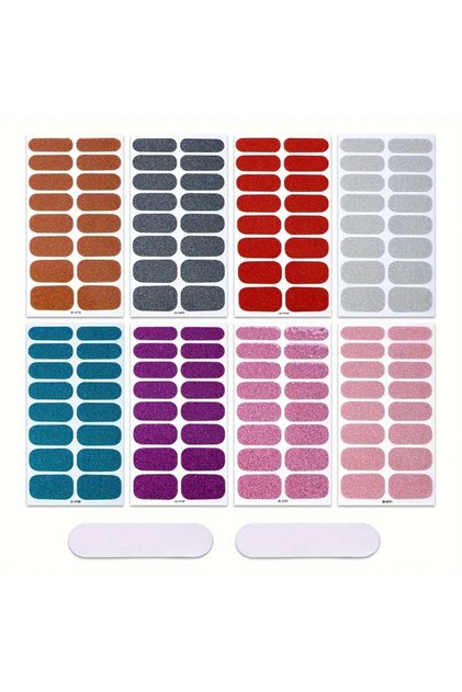 Pink 8 Sheets of Full-Wrap Nail Polish Strips, Pink Glitter Self-Adhesive Gel Nail Stickers, Suitabl