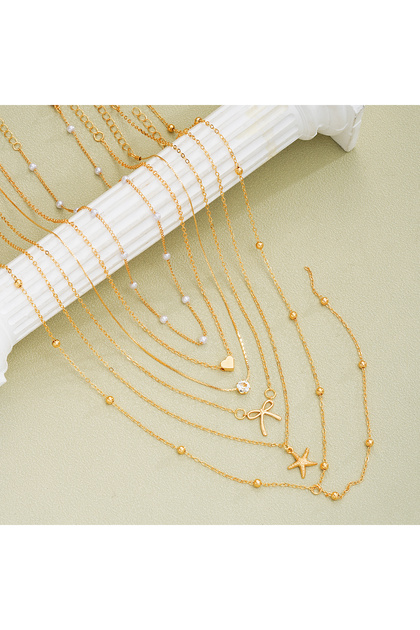 AYAGold 6Pcs/Set Simple Stackable Gold Color Necklaces Sets for Women Heart Star Bowknot Imitation P