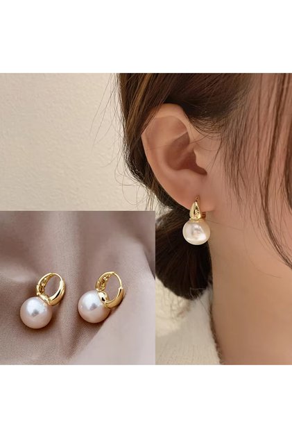 AEH70391 Gold Color Pearl Studs Hoop Earrings for Women Gold Color Eardrop Minimalist Hoops Wedding