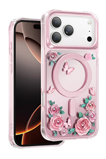 KeepHone Apple iPhone 17 Pro Max Kılıf Kristal Detaylı Gül Desenli