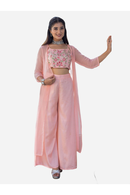 Set of 3 - Pink Floral Embroidered Crop Top, Pants and Shrug