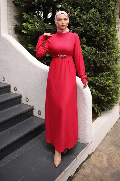 Fuchsia Chain Belted Corded Fabric Long Dress