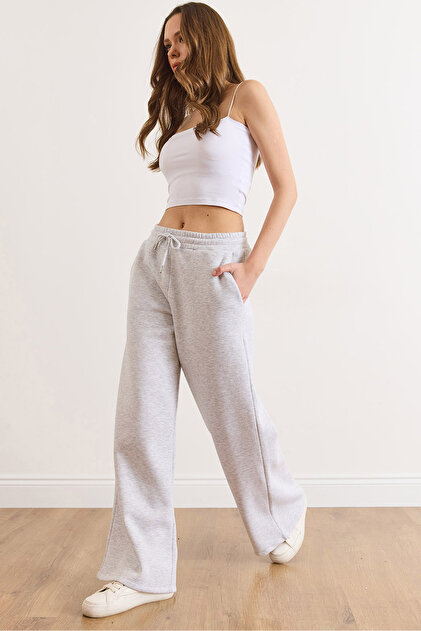 Kadın Gri Beli Bağcıklı Cepli Wide Leg Şardonlu Kalın Eşofman Altı EŞF-00000085