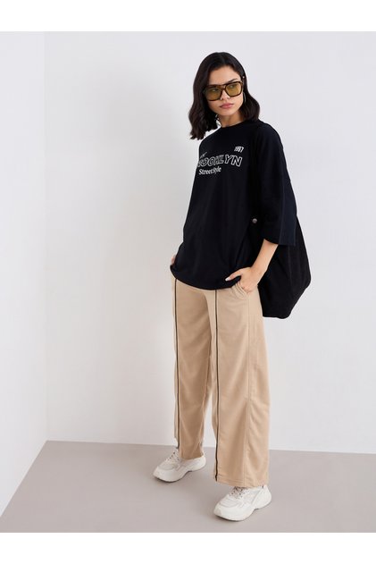 Women Beige Wide Leg Joggers