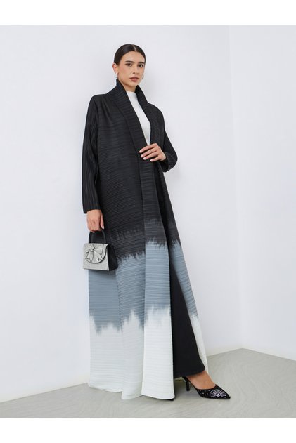 Color Blocked Textured Pleated Belted Long Sleeve Abaya