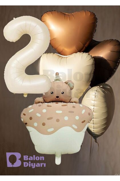 Age-Themed Retro Teddy Bear Cake 3-Piece Heart-Shaped Birthday Balloon Set