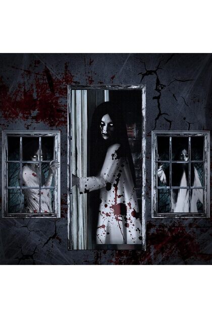 white 3 Pcs Halloween Window Door Female Ghost Covers Set Halloween Scary Ghost Window Curtain and D