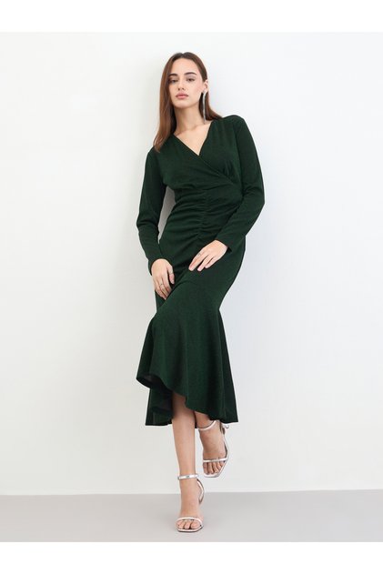 Women Dark Green Mermaid Hem Midi Dress