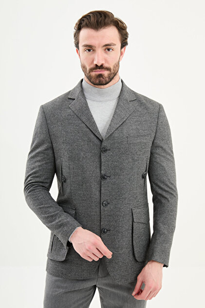 Plain Slim Fit Mono Collar Pocket Button Detail Men's Jacket Black - 41475.25K