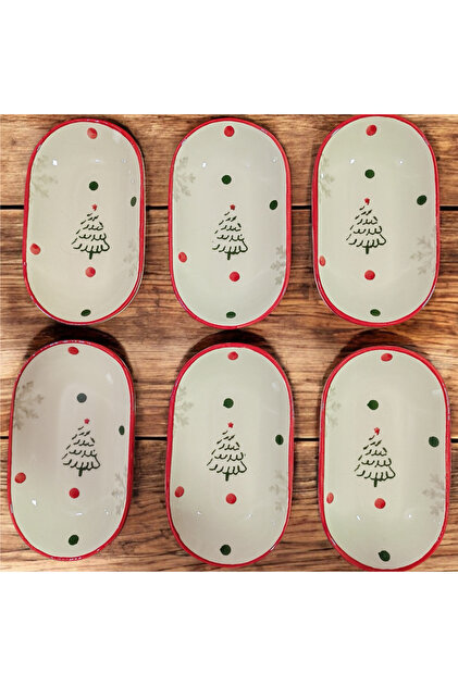 Yeni Yıl Sunum Oval Kayık Tabak Kahvaltı & Çerezlik 6 Adet 15 cm