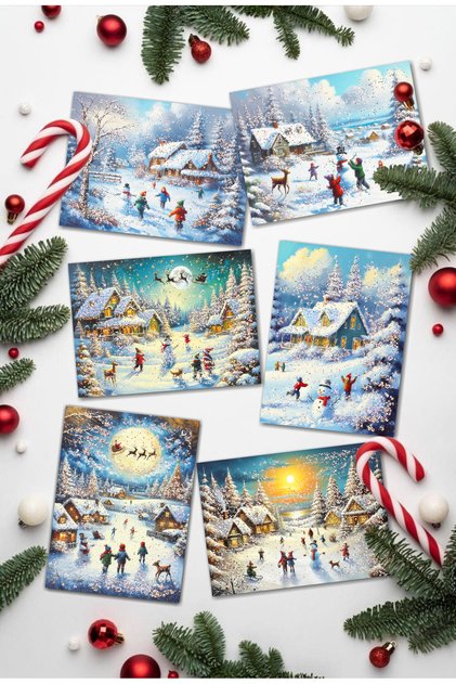 6-Piece Glitter Christmas Postcard Set New Year Winter Landscape Snowman Santa Claus Nostalgia