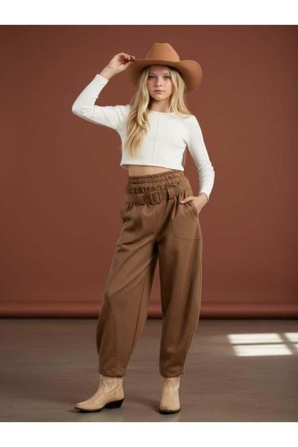 Girl's Belted Suede Baggy Design Trousers