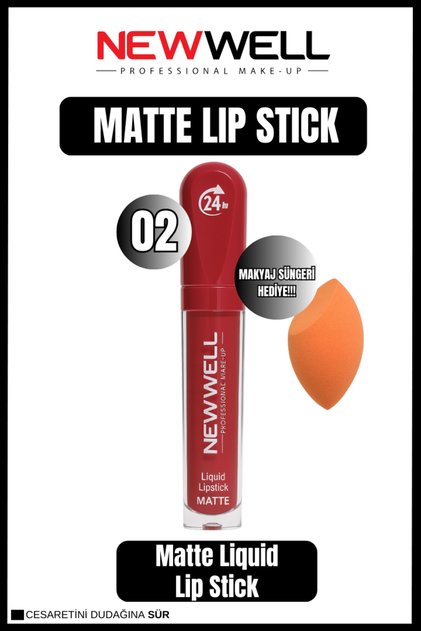 Newwell Liquid Lip Stick 02 + Makyaj Süngeri Hediye