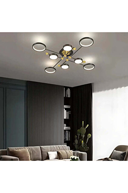 Lustra LED cu Telecomnda MARIA, 44W, 8 Elemente, Lumina Calda/Rece/Neutra, Dimabila, Negru/Auriu