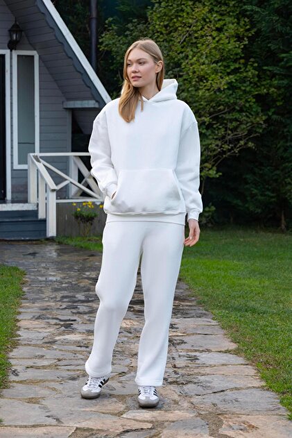 Hooded Unisex O Oversized Tracksuit Set with Fleece Inside - G09001 - Ecru
