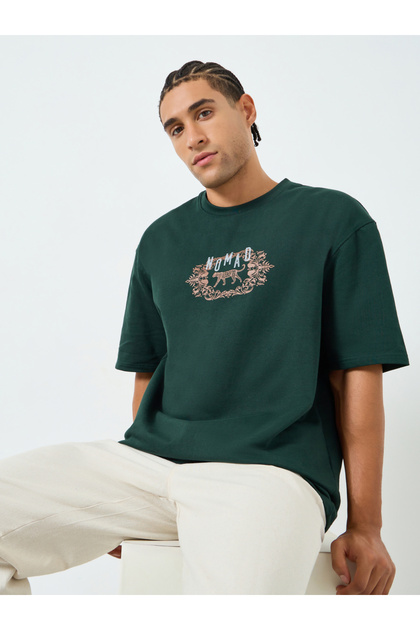 Men Green Oversized Retro Ornate Printed T-Shirt