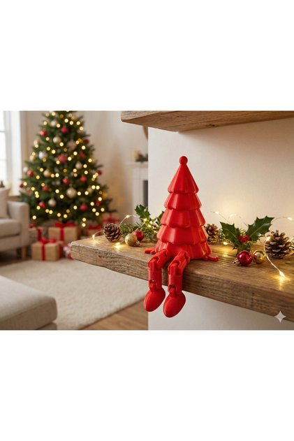 Red Christmas Decorative Sitting Pine Figure – New Year Table and Shelf Ornament