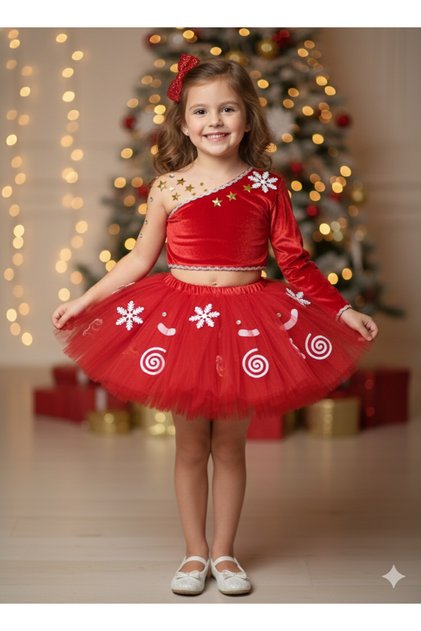 5-6 Years Old – Red Tutu Skirt Velvet One-Shoulder Crop Top Christmas Party Costume with Crystal Stone Gift