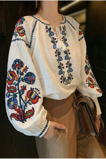 Women's White-Collared Tasseled Balloon Sleeve Embroidered Cotton Blouse