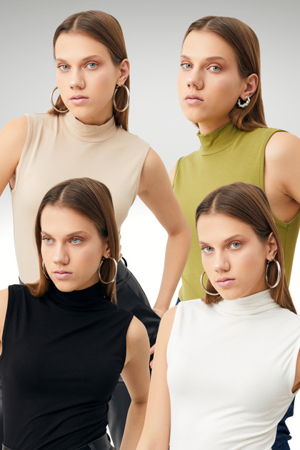 Women's Black White Cream Oil Green 4-Piece Sleeveless Bodysuit