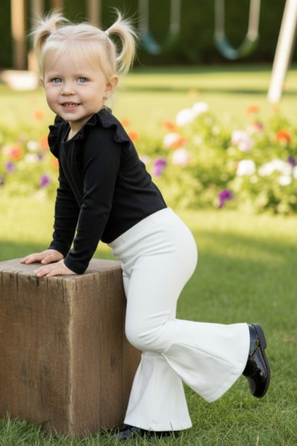Baby Girl Cream Flared High Waist Elastic Tights Trousers