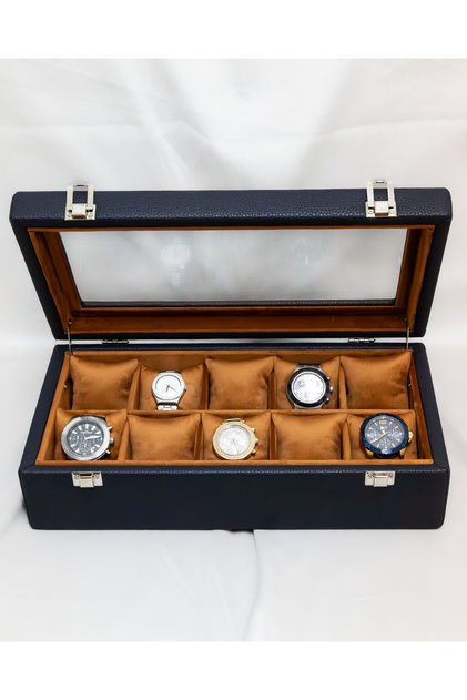 10-Piece Premium Watch Box, Navy Blue Faux Leather Covered, Custom Production, Handmade, Accessory Organizer