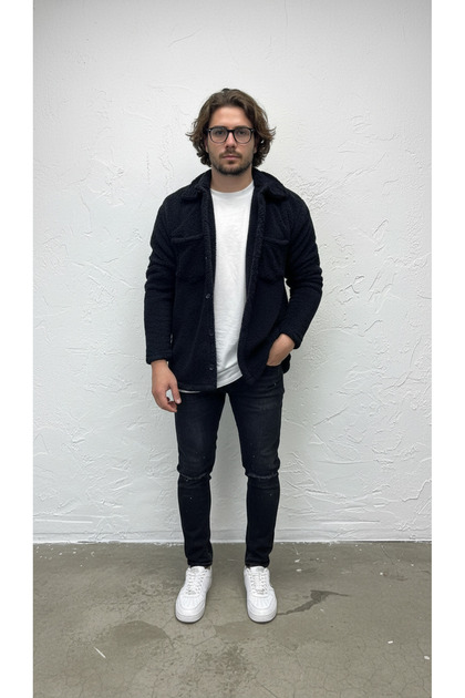 Men'S, Black, Buttoned, Pocket Detail, Plush Sherpa, Fur Collar, Textured, Shirt, Jacket