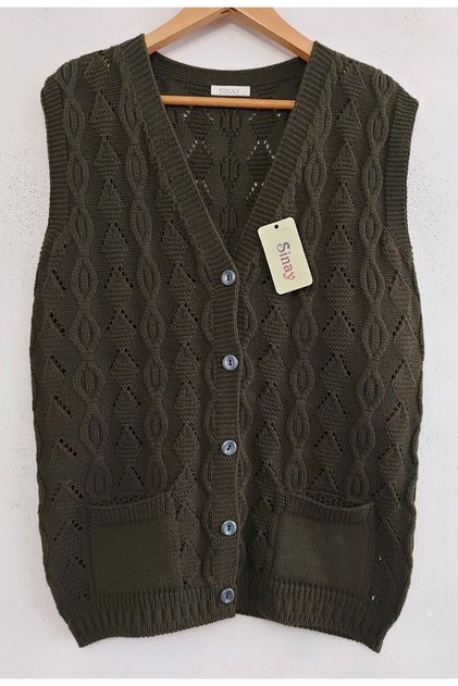 Women's New Geometric Pattern Pocketed Buttoned Knitwear Mother Vest