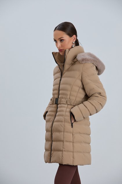 Women's Coat Women's Coat with Detachable Hood and Fur Detail and Belt