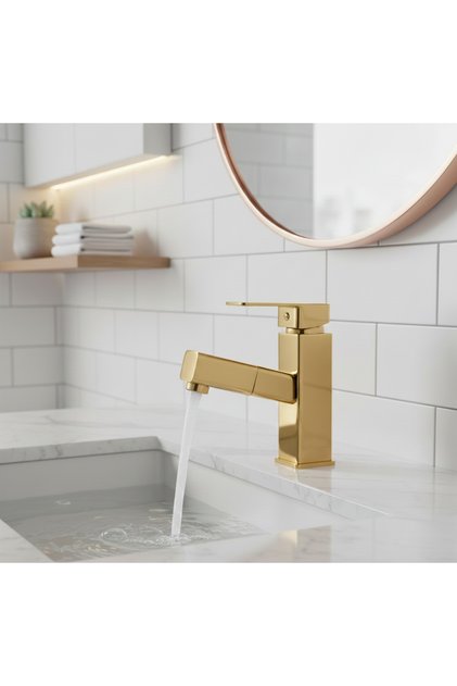 Gold Spiralli Lavabo Bataryası - Uzayabilen Spiralli Lavabo Musluğu