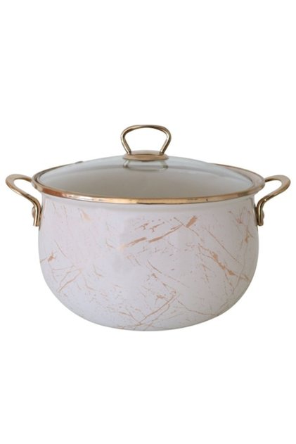 Oală emailată 24x15 cm, 6,2 L, mânere din titan auriu, capac din sticlă, bej
