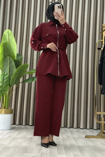 Lara Takim Double Fabric Women's Burgundy Zippered, Pocket Detailed, and Drawstring Waist Pants Hijab Two-Piece Set