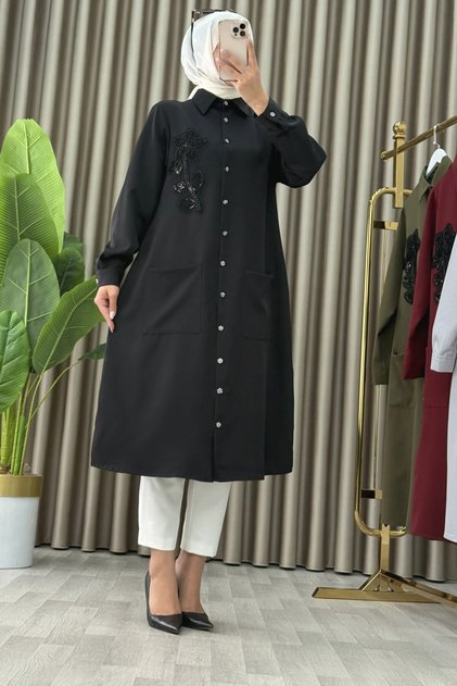 İkbal Tunic Double Fabric Women's Black Collar Embroidery Floral Detailed Openable Buttoned Hijab Tunic