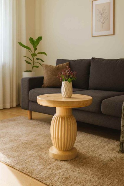 Tekli Masif Ahşap Yan Sehpa Şık ve Doğal Mantar Tasarım Naturel Renk