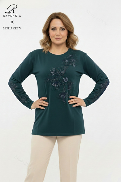 Women's Emerald Leaf Patterned Stoned Slit Lycra Viscose Mother Combed Cotton Blouse
