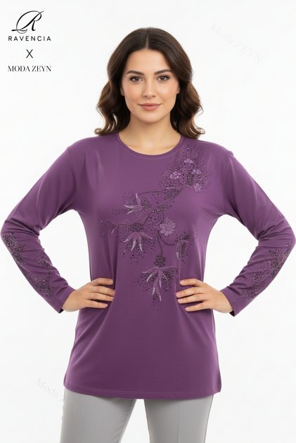 Women's Middle Age and Above Viscose Leaf Pattern Stone Slit Embroidered L Stretch Fabric Mother Combed Cotton Blouse