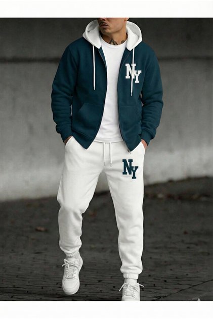 Two-Tone Hooded New York Print Full Winter Oversize Cardigan Tracksuit Set with Full Fleece Lining