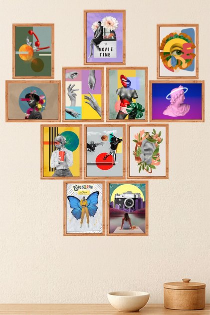 Set of 12 Decorative Wooden Frame Appearance Mdf Paintings with Modern Collage Art Design