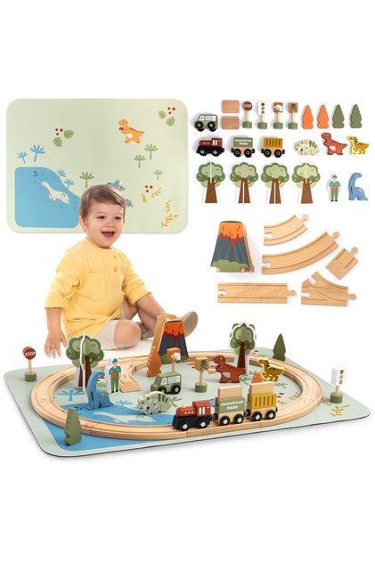 Trenuleț din lemn Dino Park cu covoraș antiderapant - dinozauri, tren, șine, vulcan, clopot