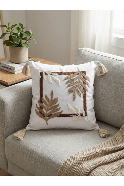 Bohemian Style Single Punch Embroidered 100% Cotton White Fabric Handmade Tassel Detailed Throw Pillow Cover
