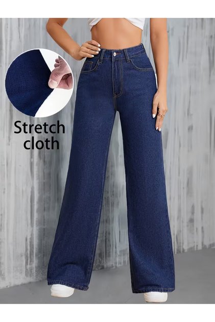 Kamelya Navy Blue Women's High-Waist Palazzo Jeans, Stretch Fabric Loose Wide-Leg Baggy PantsDK-2