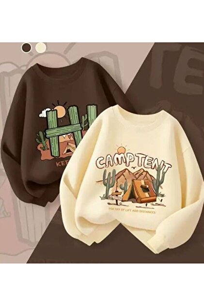 Kahverengi-Bej Hi Baskılı 2'li Sweatshirt