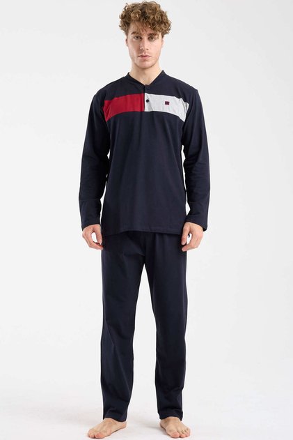 Block Detailed Regular Fit Pajama Set - Navy Blue