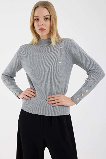 Button Detailed Corded Fabric Knitwear Sweater - Gray