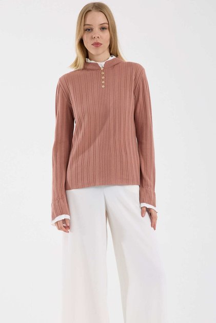 Corded Fabric Knitwear Sweater with Piece Detail - Rose
