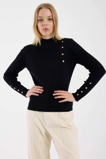 Button Detailed Corded Fabric Knitwear Sweater - Black