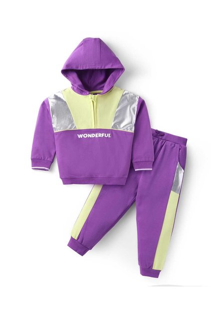 Terry Knit Full Sleeves Hooded Sweatshirt & Lounge Pant Set With Cut & Sew Design - Lilac