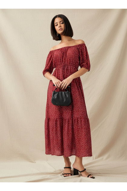 Polka Dot Print Off Shoulder Women Dress with Tie-Ups