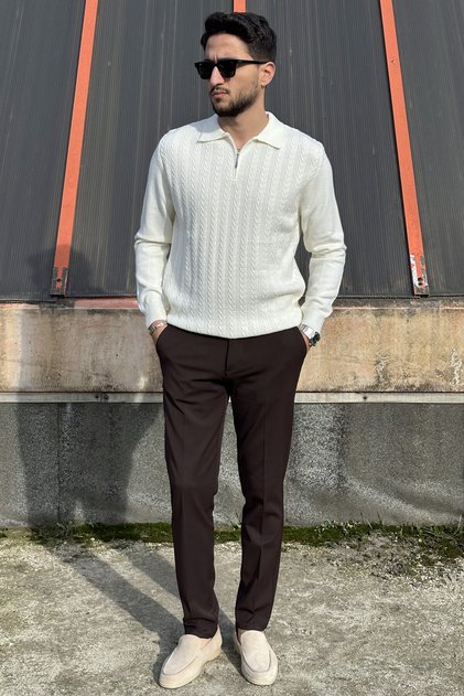 Men'S, Polo Collar, Zippered, Knitted Detail, Old Money Culture, Wool Blend, Sweater Pltk20