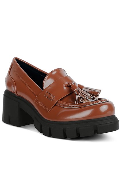 Women Tan Tassels Detail Chunky Loafers